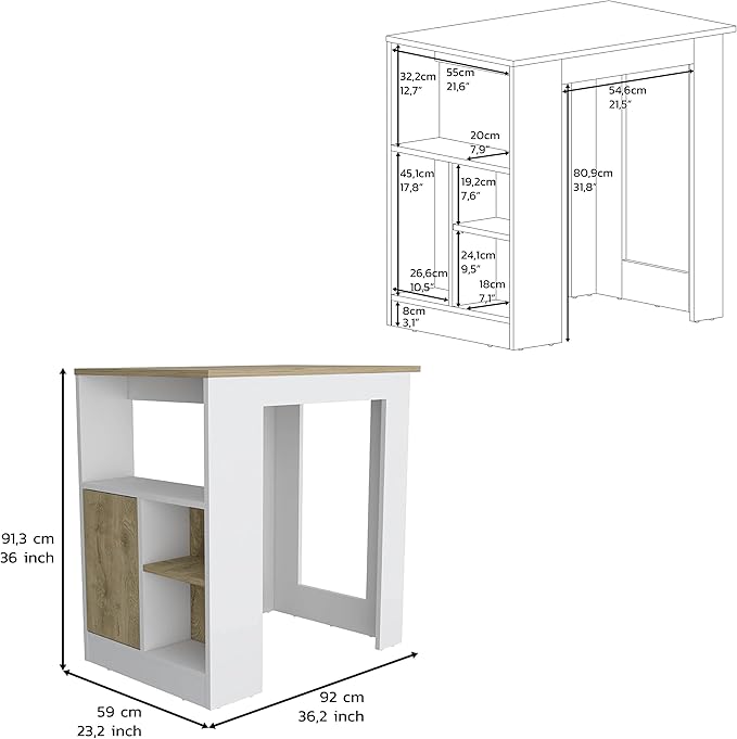 GOWE Kitchen Island 36" H, Three Open Side Storage Shelves and One Push-to-Open Cabinet, White/Macadamia
