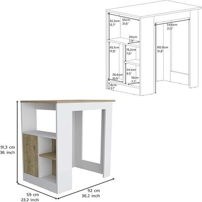 GOWE Kitchen Island 36" H, Three Open Side Storage Shelves and One Push-to-Open Cabinet, White/Macadamia
