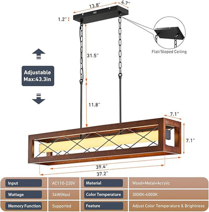 39.4" Farmhouse Dining Room Light Fixture Over Table, Rustic Wood Linear Chandeliers for Dining Room, 34W LED Dimmable Kitchen Island Lighting, Hanging Rectangular Pendant Light with Remote