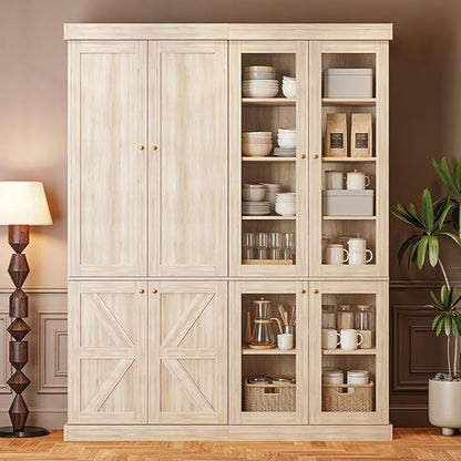 70.8" Tall Farmhouse Kitchen Pantry Cabinet with Glass Doors, Modular Storage Cabinet with 6-Tier Adjustable Shelves, Large Storage Cabinet for Kitchen or Living Room, Set of 2, Brown