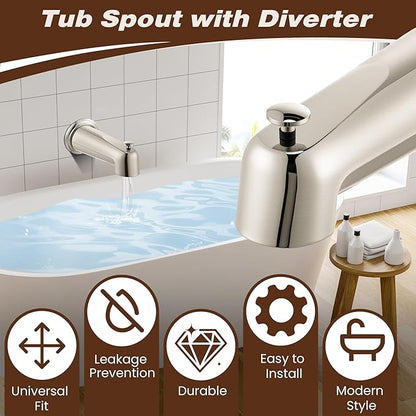 Dreyoo 7 Inch Tub Spout (Universal Fits 1/2" Copper Pipe, 1/2" IPS and 3/4" IPS), Bathroom Bathtub Faucet with Adapters and Hex Wrench(Brushed Nickel,With Diverter)