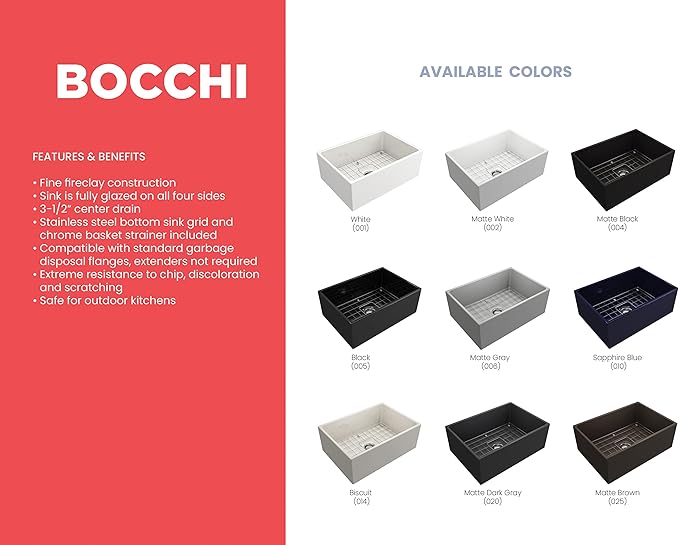 BOCCHI Contempo Farmhouse Apron Front Fireclay 27 in. Single Bowl Kitchen Sink with Protective Bottom Grid and Strainer in Matte Gray