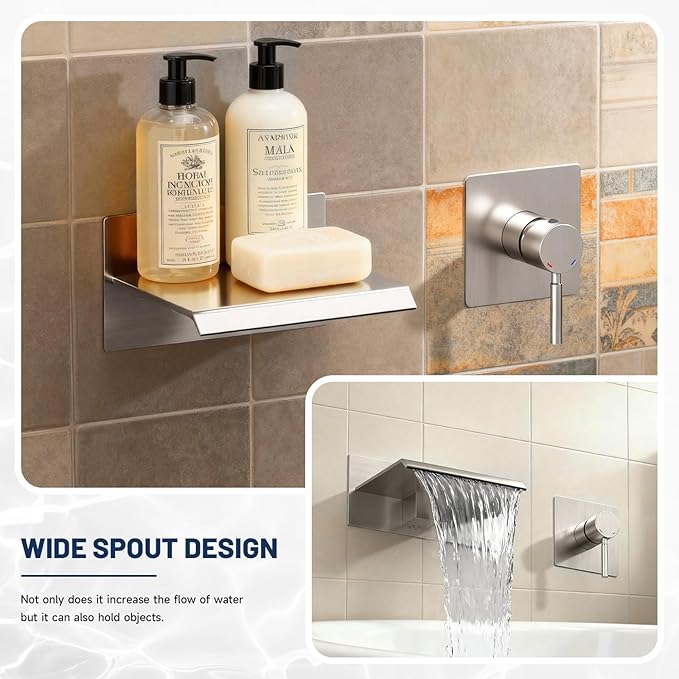 BWE Bathtub Faucet Brushed Nickel Waterfall Bathtub Faucet Wall Mounted Tub Spout Bathroom Tub Filler One Handle Shower Kit Rough-in Valve