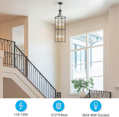 XINGQI Black and Gold Foyer Chandeliers for High Ceiling, Modern 8 Light Dinning Room Lantern Tiered Chandelier Cage Pendant Lighting Fixture for Staircase Entryway Living Room