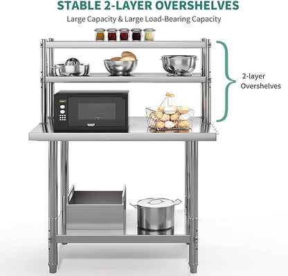 YITAHOME NSF Stainless Steel Work Table With Overshelves, 30" X 24" With 30" X 12" Shelf, Metal Prep Table for Home Kitchen Restaurant Garage Warehouse