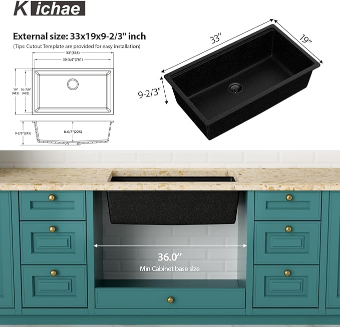Kichae 33 Granite Composite Kitchen Sink - 33"x19" Granite Kitchen Sink Ledge Workstation Undermount Black Quartz 10" Deep Under Counter Single Bowl Sink Basin