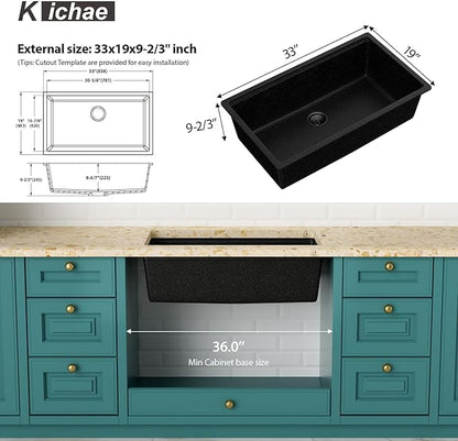 Kichae 33 Granite Composite Kitchen Sink - 33"x19" Granite Kitchen Sink Ledge Workstation Undermount Black Quartz 10" Deep Under Counter Single Bowl Sink Basin