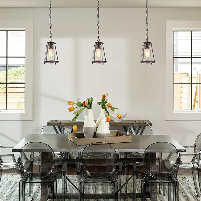 Farmhouse Pendant Lighting for Kitchen Island, Rustic Hanging Light Fixture with Seeded Glass Shade for Bedroom, Foyer and Entryway, Bronze