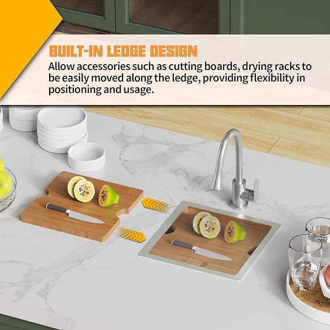 15x15In Kitchen And Bar Workstation Sink- Small Stainless Steel Undermount Single Bowl Bar Sink Built-in Ledge Drop In Workstation Sink With Accessory-SS Grid Cutting Board,Silicon Mat,Drain Assembly