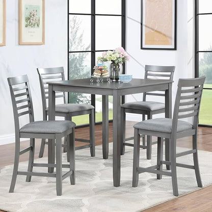 Counter Height Dining Chairs Set of 4, Gray Wooden Bar Stools with Ergonomic Ladder Back & Padded Linen Seat, Kitchen Chairs for Dining Room, Living Room