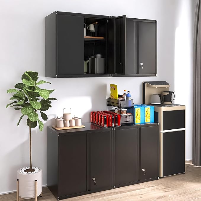 Metal Wall Cabinet, Steel Cabinet Wall Mounted, Lockable Storege Cabinet with Doors and Shelves, Upper Cabinets for Home Office, Pantry, Garage, Black