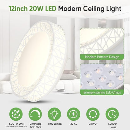 Lightania 12 Inch Flush Mount Ceiling Light, Modern White LED Ceiling Light Fixture, 20W 1400LM 2700-6500K Adjustable, Dimmable Ceiling Lights for Bedroom, Kitchen, Hallway, Bathroom, ETL
