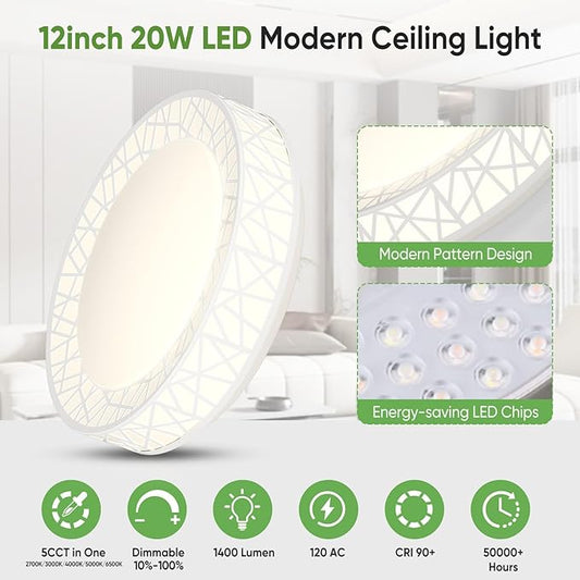 Lightania 12 Inch Flush Mount Ceiling Light, Modern White LED Ceiling Light Fixture, 20W 1400LM 2700-6500K Adjustable, Dimmable Ceiling Lights for Bedroom, Kitchen, Hallway, Bathroom, ETL