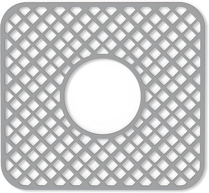 2 Pack Silicone Sink Protector for Kitchen Sink, Trellis Pattern 12 x 11" Sink Grid Mat Silicone Protectors, Center Drain, Gray