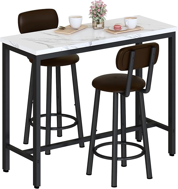 Lamerge Faux Marble Pub Height Table with 2 PU Upholstered Stools,3-Piece Kitchen Table and Chairs,Suit for Dining Room & Living Room & Breakfast Nook,Space Saving Set for 2,White & Brown,39.3"