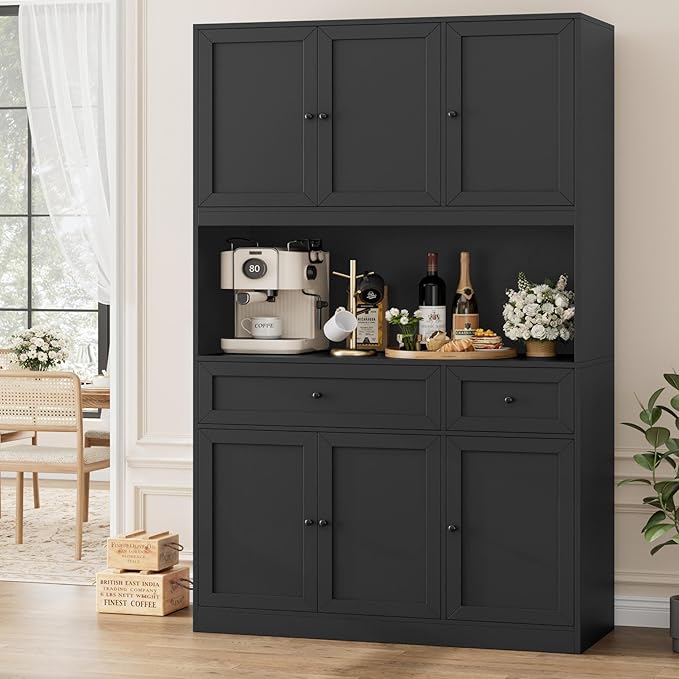 BOTLOG 72" Kitchen Pantry Cabinet, Kitchen Hutch with Microwave Stand, Buffet Cabinet with Hutch for Dining Room, Black