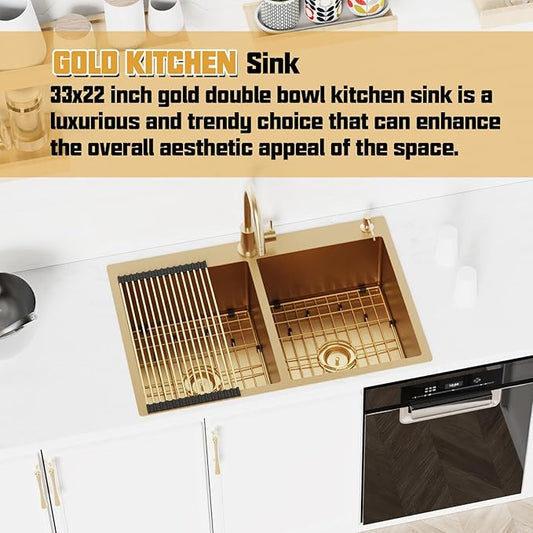 Gold 50/50 Double Bowl Kitchen Sink, 33"x 22" Stainless Steel Drop In Kitchen Sink Gold Topmount Sink With Gold-tone Accessories-Rack,Grid And Drain Assembly Add Luxurious Look For Modern Kitchen