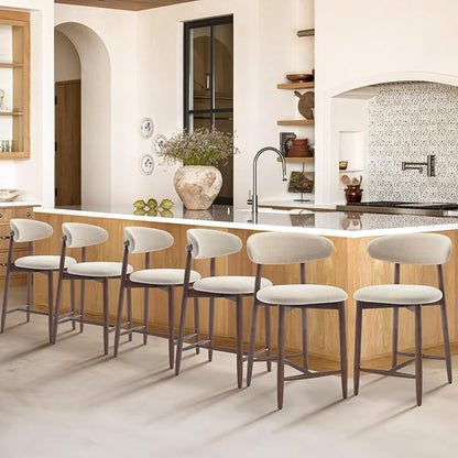 COLAMY Upholstered Counter Height Bar Stools Set of 6, Kitchen Island Stools with Back, Modern Counter Stools Island Bar Chairs with Wood Legs for Kitchen Island Dining Room Bar, Beige