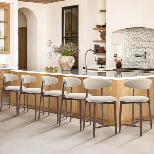 COLAMY Upholstered Counter Height Bar Stools Set of 6, Kitchen Island Stools with Back, Modern Counter Stools Island Bar Chairs with Wood Legs for Kitchen Island Dining Room Bar, Beige