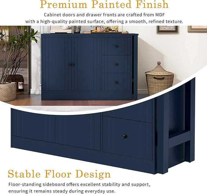 JIJIWANG 89.7'' Wooden Sideboard with Extendable Table,Multifunctional Storage Kitchen Island with 2 Doors and 3 Drawers,for Living Room,Study,Foyer and Kitchen, Navy Blue