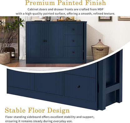 JIJIWANG 89.7'' Wooden Sideboard with Extendable Table,Multifunctional Storage Kitchen Island with 2 Doors and 3 Drawers,for Living Room,Study,Foyer and Kitchen, Navy Blue
