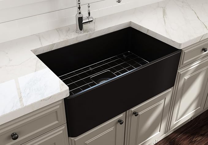 BOCCHI Classico Farmhouse Apron Front Fireclay 30 in. Single Bowl Kitchen Sink with Protective Bottom Grid and Strainer in Matte Black
