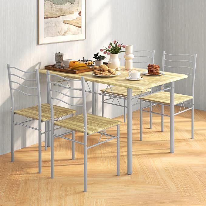 Giantex Modern 5 Piece Dining Table Set for 4 Chairs Wood Metal Kitchen Breakfast Furniture (Natural)