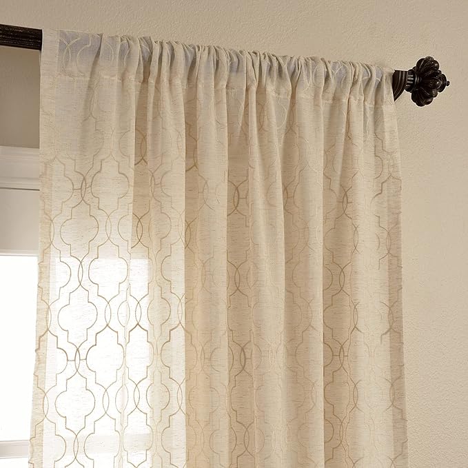 HPD Half Price Drapes Embroidered Linen Sheer Curtains for Living Room 50 X 96 (1 Panel), Rod Pocket Window Curtains for Bedroom, Saida Natural