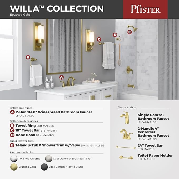 Pfister Willa Bathroom Sink Faucet 8 in Widespread 3 Hole Double Handle Brushed Gold Finish NSF Certified Push & Seal Drain TiteSeal Technology Vanity Faucet LF049MALBG
