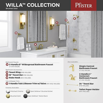 Pfister Willa Bathroom Sink Faucet 8 in Widespread 3 Hole Double Handle Brushed Gold Finish NSF Certified Push & Seal Drain TiteSeal Technology Vanity Faucet LF049MALBG