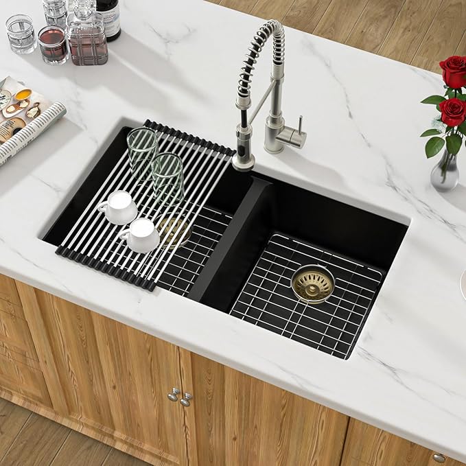 Black Double Bowl Granite Composite Kitchen Sink - 33 Inch Matte Black Kitchen Sink 50/50 Split Bowl Undermount Granite Quartz Composite Under Counter Sinks Basin