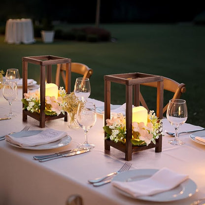 VEVOR 20 Set/60 Pcs Wooden Wedding Lantern Centerpiece, Includes 20 Wooden Lantern Candle Holder 20 Flameless LED Candle 20 Champagne Flower Wreath for Wedding Table Party Farmhouse Decor, Brown