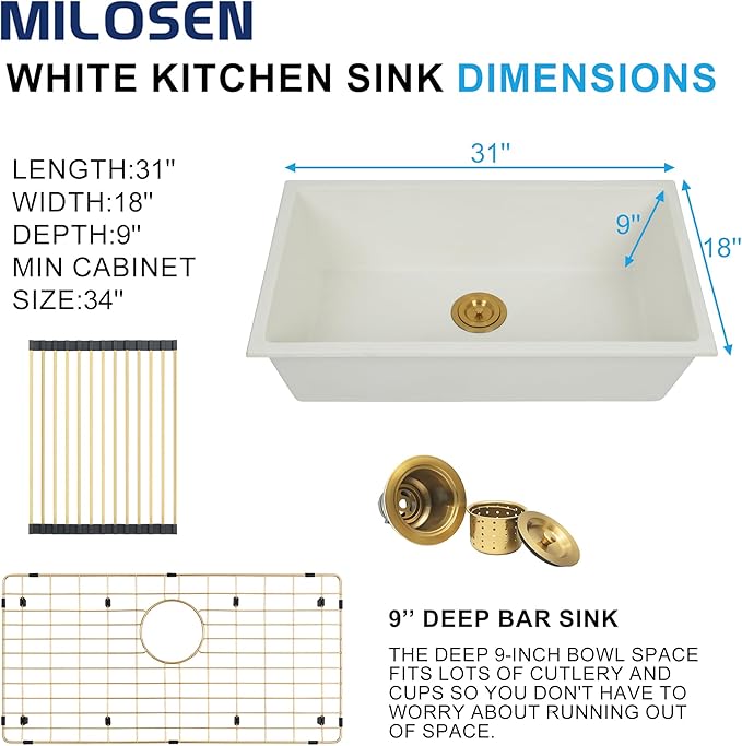 MILOSEN White Undermount Kitchen Sink, 31"x18" Granite Composite Single Bowl Kitchen Sinks, 9" Deep Large Undermount/Drop In Sink with Gold Accessories, White Quartz Kitchen Sinks for Modern Kitchen