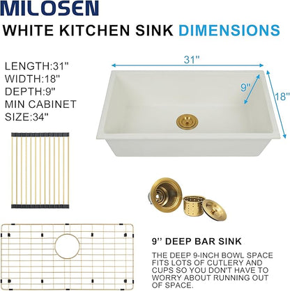 MILOSEN White Undermount Kitchen Sink, 31"x18" Granite Composite Single Bowl Kitchen Sinks, 9" Deep Large Undermount/Drop In Sink with Gold Accessories, White Quartz Kitchen Sinks for Modern Kitchen