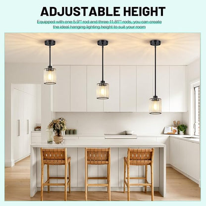 3 Pack Pendant Lights Kitchen Island, Matte Black Kitchen Pendant Lighting Over Table with Adjustable Rods, Modern Mini Crystal Hanging Pendant Light Fixtures for Dining Room Entryway Bedroom