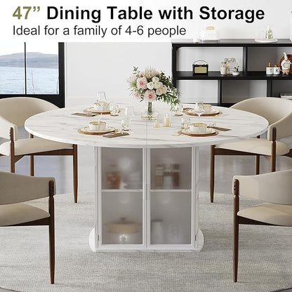 IBF 47" Round Dining Table with Storage, White Faux Marble Kitchen Tables for 4-6 People, Modern Dining Room Table with Fridge Space, Wood Circle Dinner Tables for Home, White Marble, Only Table