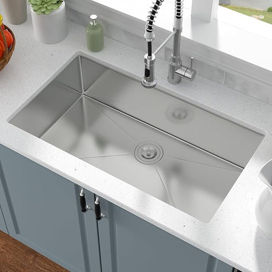 32 Inch Undermount Kitchen Sink - 18 Gauge 32x19 Stainless Steel Single Bowl, 9-Inch Deep Undercounter Sink for Kitchen & Home Use