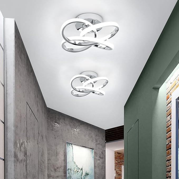 EIDISUNY Modern Led Ceiling Lights, 11.8in Chrome Curved Hallway Ceiling Lights Fixtures, 26W Flush Mount Ceiling Light for Bedroom Kitchen Bathroom Entryway Balcony Stair - Cold White Light 6000K