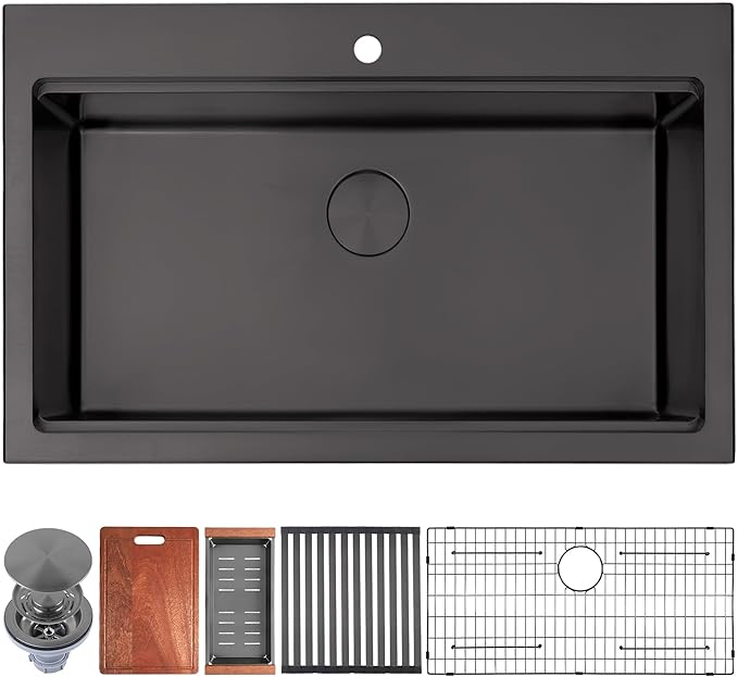Black Drop In Kitchen Sink 31" X 22",Top Mount 16 Gauge Stainless Steel Workstation Sink,Deep & Large Single Bowl Kitchen Sinks (Black, 31" X 22")