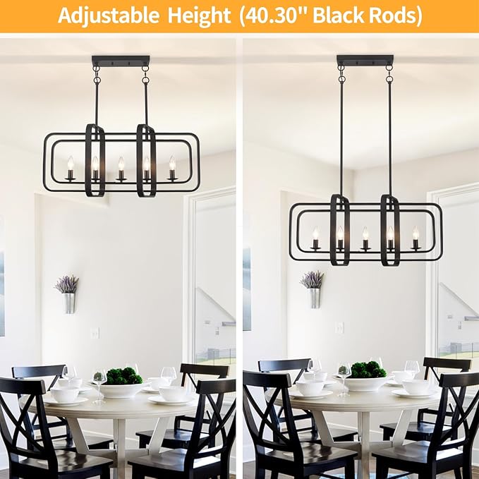 TOULMJ 5-Light Dining Room Light Fixture, 31.5" Black Farmhouse Kitchen Island Lighting Modern Linear Chandeliers for Dining Room Kitchen Island with Adjustable Rods
