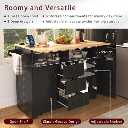 Large Kitchen Island with 2 Drop Leaf Rolling Cart with Power Outlet Folding Storage Dining Table with Spice and Towel Rack Practical(Black)