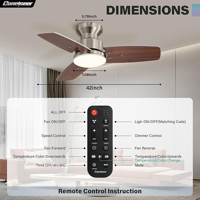 42 Inch Ceiling Fans with Lights and Remote, Bedroom Living Room Office, Flush Mount, 3CCT Dimmable, Dual Color 3 Blades 6 Speed Reversible Quiet DC Motor, Sand-Nickel/Wood Grain