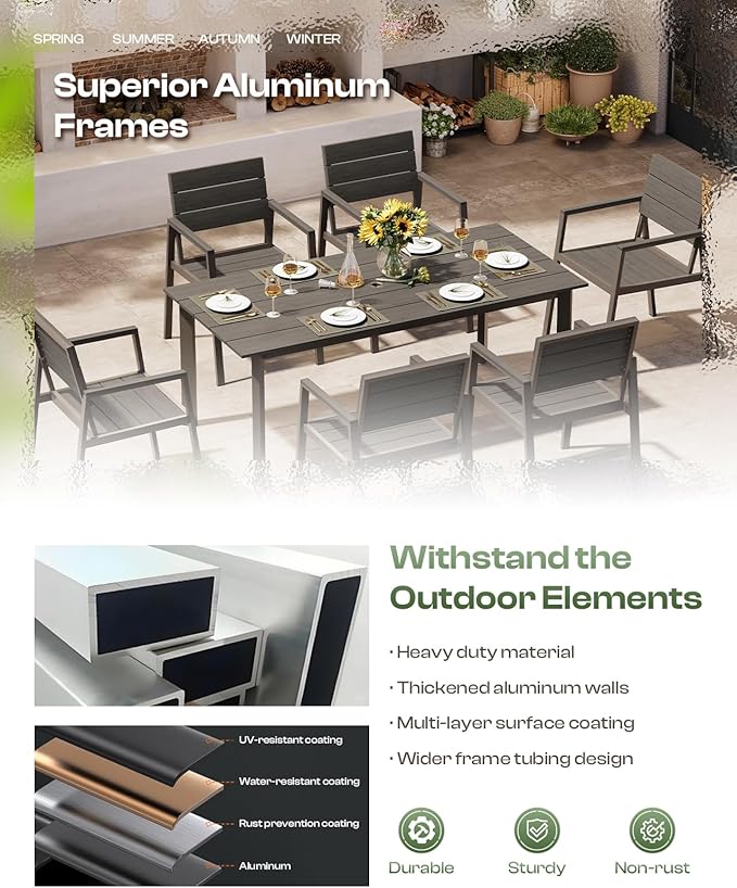 Outdoor Dining Set for 4, Patio Table and Chairs Set with Umbrella Hole, 5 Pieces HDPS + Aluminum Outdoor Furniture Sets for Patio, Garden (Gray & Teak)