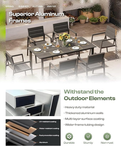 Outdoor Dining Set for 4, Patio Table and Chairs Set with Umbrella Hole, 5 Pieces HDPS + Aluminum Outdoor Furniture Sets for Patio, Garden (Gray & Teak)