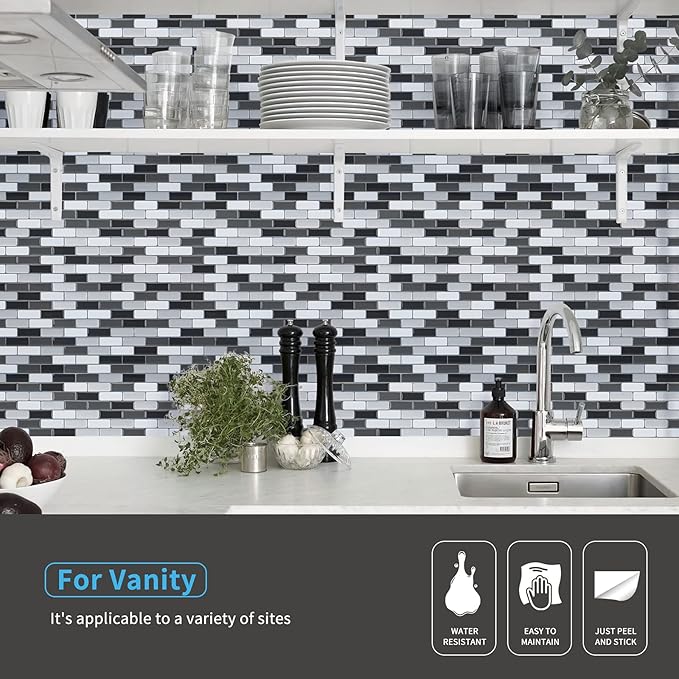 Art3d Peel and Stick Wall Tile for Kitchen/Bathroom Backsplash, 12"x12", Black-White (6 Pack)