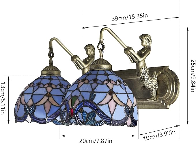 Wall Sconce Lighting with Mermaid 2-Light Antique Wall Light Fixture Stained Glass Bowl Shade Bronze Finish Retro Vintage Wall Lamp for Bedroom Hallway Stairway Balcony Bathroom (Blue)