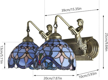Wall Sconce Lighting with Mermaid 2-Light Antique Wall Light Fixture Stained Glass Bowl Shade Bronze Finish Retro Vintage Wall Lamp for Bedroom Hallway Stairway Balcony Bathroom (Blue)