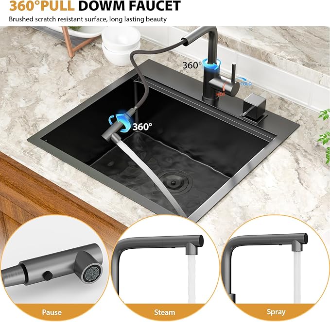 Mocoloo 21 Inch Drop in Bar Sink with Faucet, 21x20 Black Topmount Kitchen Sink - Stainless Steel Single Bowl Workstation with Pull-Out Faucet