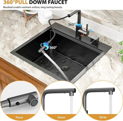Mocoloo 21 Inch Drop in Bar Sink with Faucet, 21x20 Black Topmount Kitchen Sink - Stainless Steel Single Bowl Workstation with Pull-Out Faucet