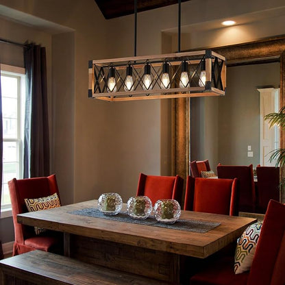 Wood Chandeliers for Dining Room,Black Farmhouse Dining Room Light Fixtures,Rustic Kitchen Light Fixtures for Kitchen Island,Bar, Coffee Shop, Adjustable Hanging Pendant Light 6-Lights
